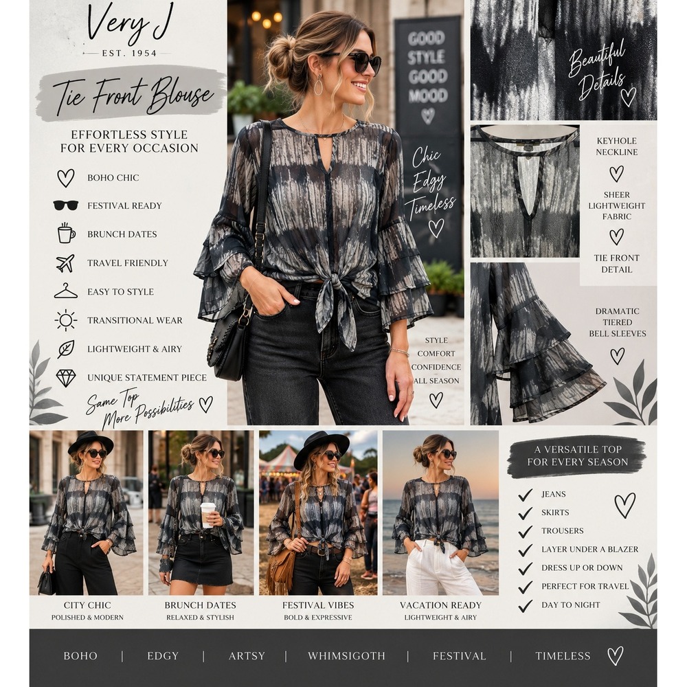 Vintage Havana Sheer Mesh Tie Dye Bell Sleeve Ruffle Front Tie Blouse Black Gray